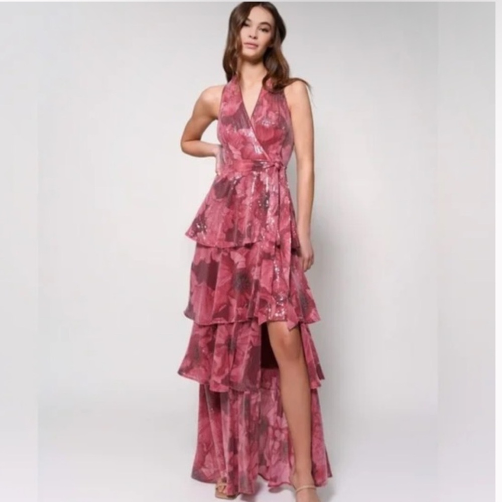 HUTCH Paige Sleeveless Halter Sequin Printed Tiered Wrap Maxi Dress - Picture 8 of 8